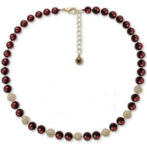 Charter Club Jewelry - Necklace Charter Club Burgundy Red Faux Pearl Gold + Crystals 17-19" NWT M331